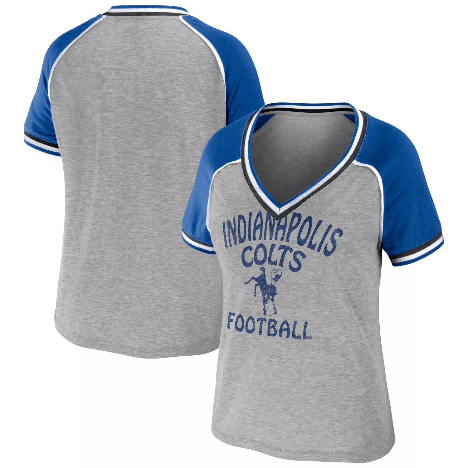 Женская одежда Erin Andrews Хизер Серая футболка Indianapolis Colts Throwback реглан с v-образным вырезом