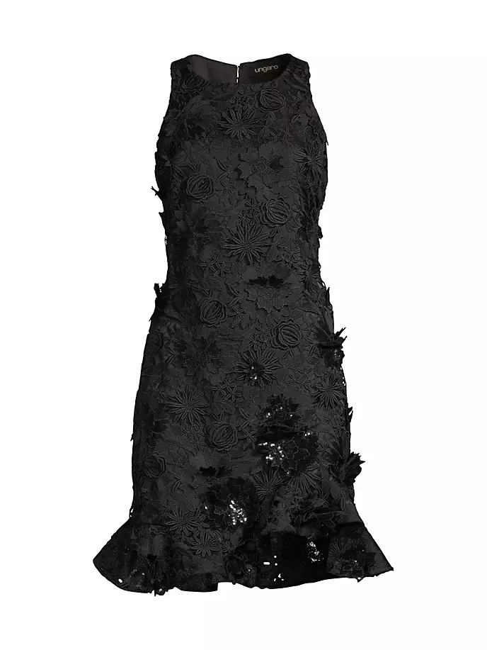 Коралловое мини-платье с цветочной аппликацией Ungaro, черный
