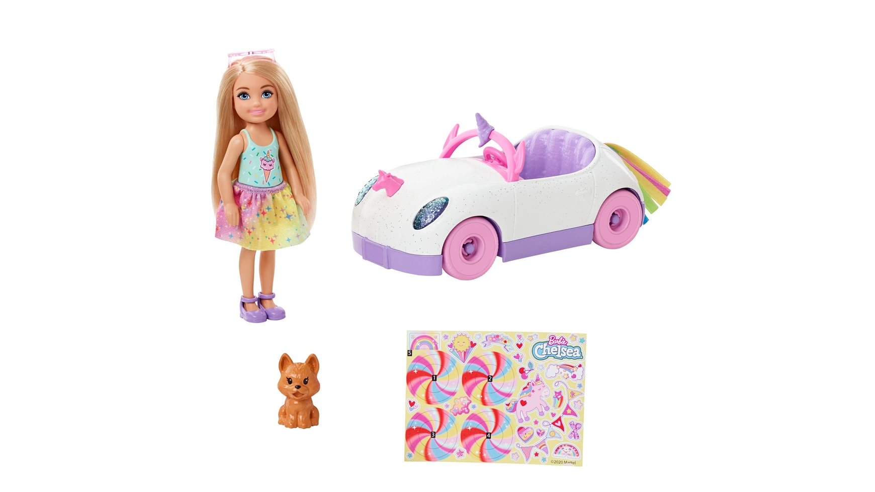

Игровой набор для куклы Barbie Челси, включающий автомобиль и аксессуары в виде радужного единорога.