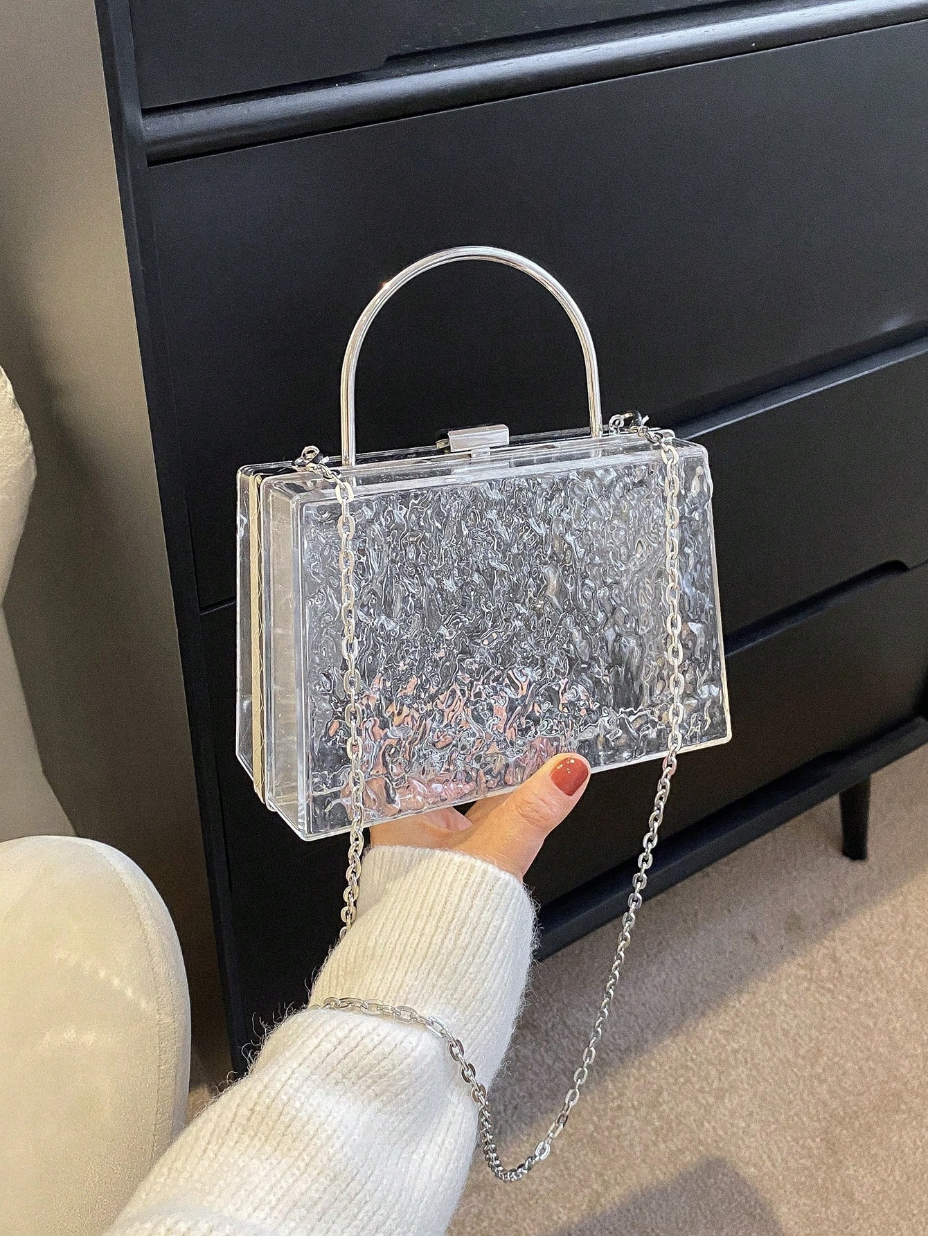 Муаровая водонепроницаемая модная легкая повседневная мини-текстурированная прозрачная сумка-коробка на цепочке для девочек-подростков, серебро