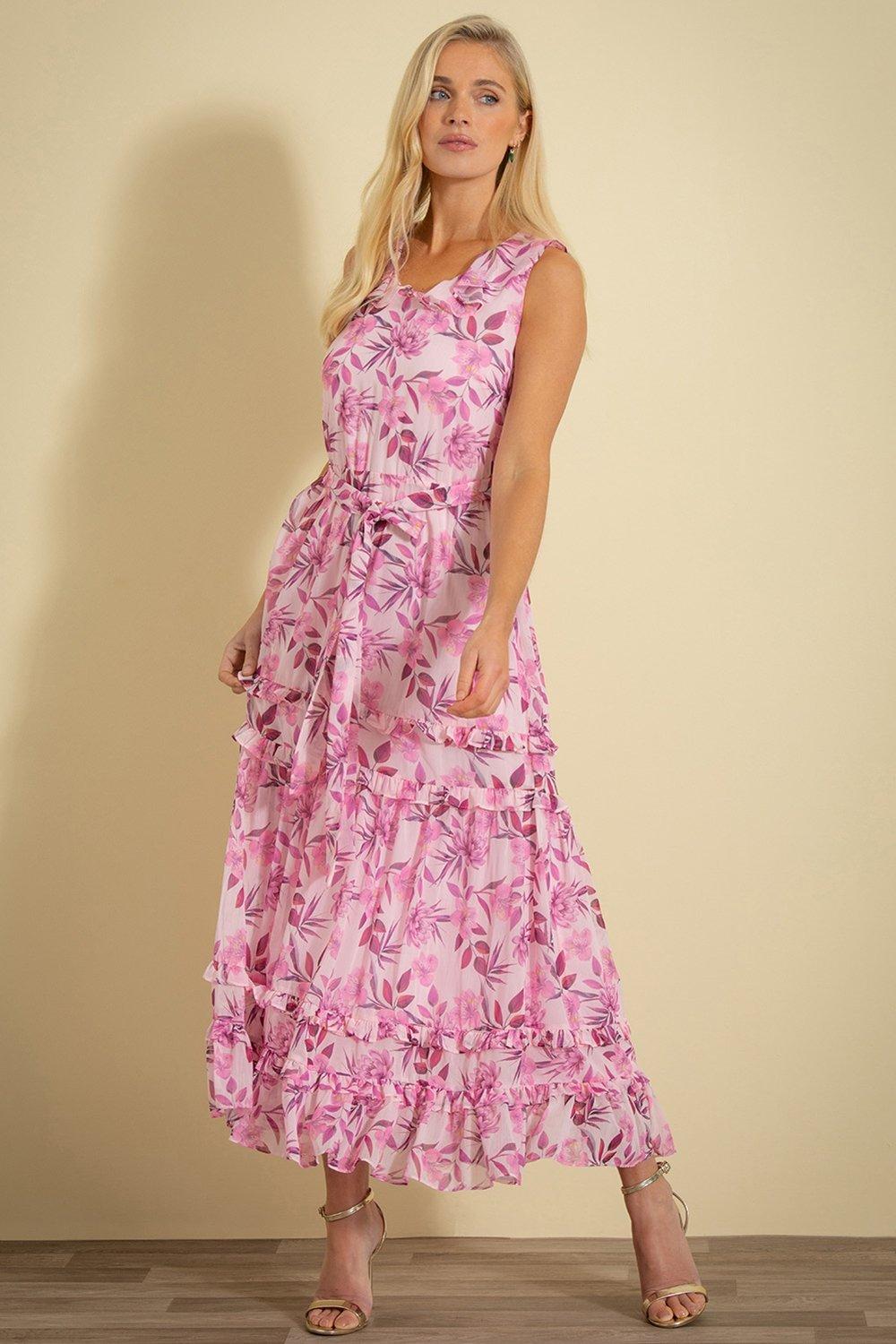 цена Многоярусное шифоновое платье макси с цветочным принтом Klass., розовый