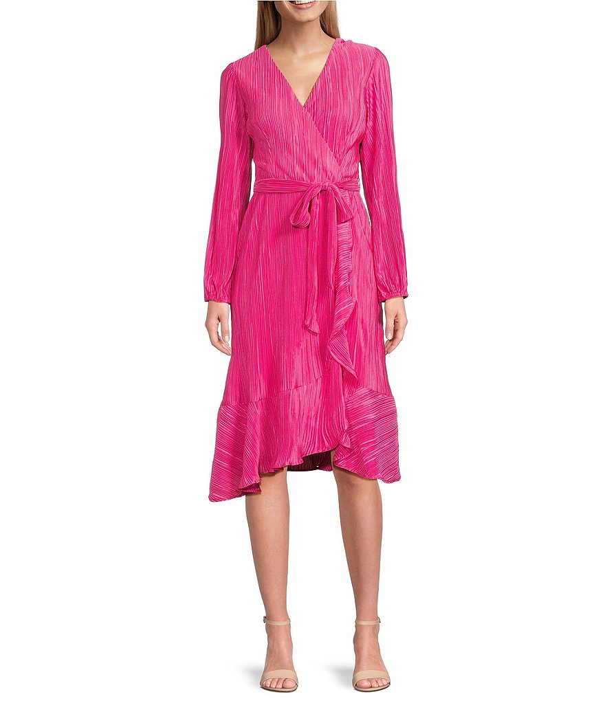 Платье длиной до колена с длинными рукавами и v-образным вырезом Leslie Fay, с искусственным запахом и поясом, розовый leslie kelly