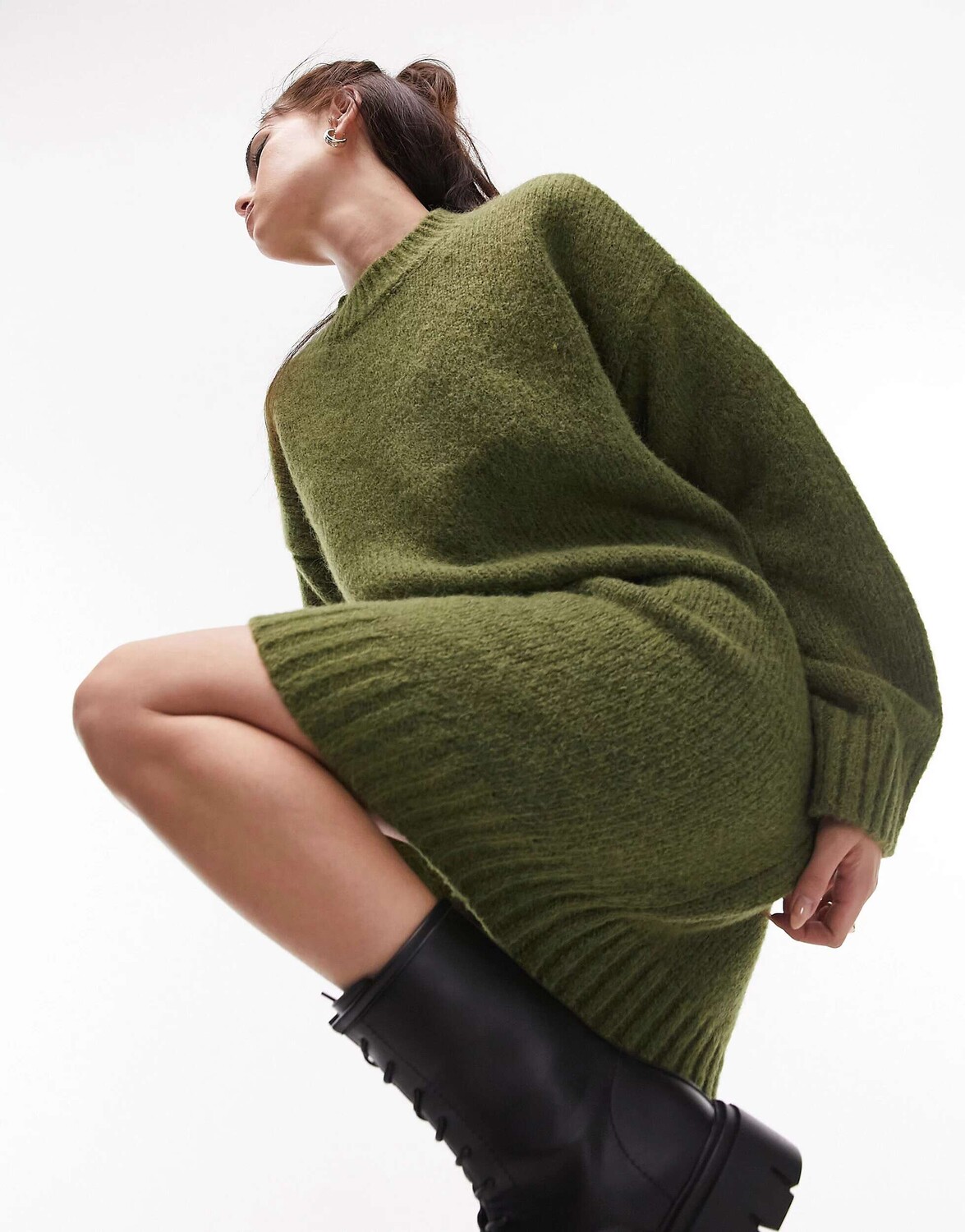 

Вязаное платье мини-джемпер с круглым вырезом Topshop цвета хаки
