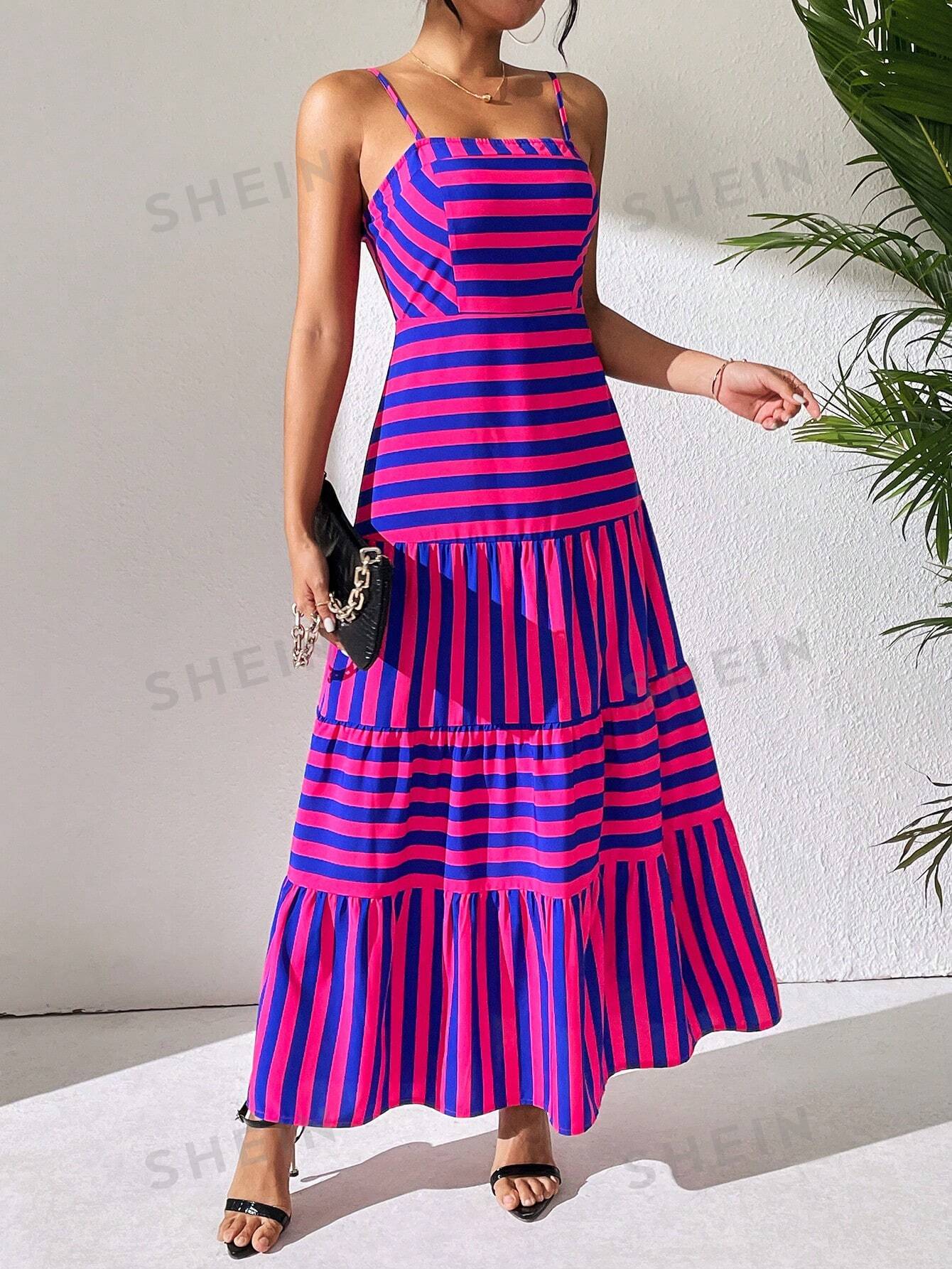 SHEIN Платье на бретельках Frenchy в смелую полоску с цветными блоками, ярко-розовый shein clasi женское платье макси без рукавов в полоску с цветными блоками черное и белое