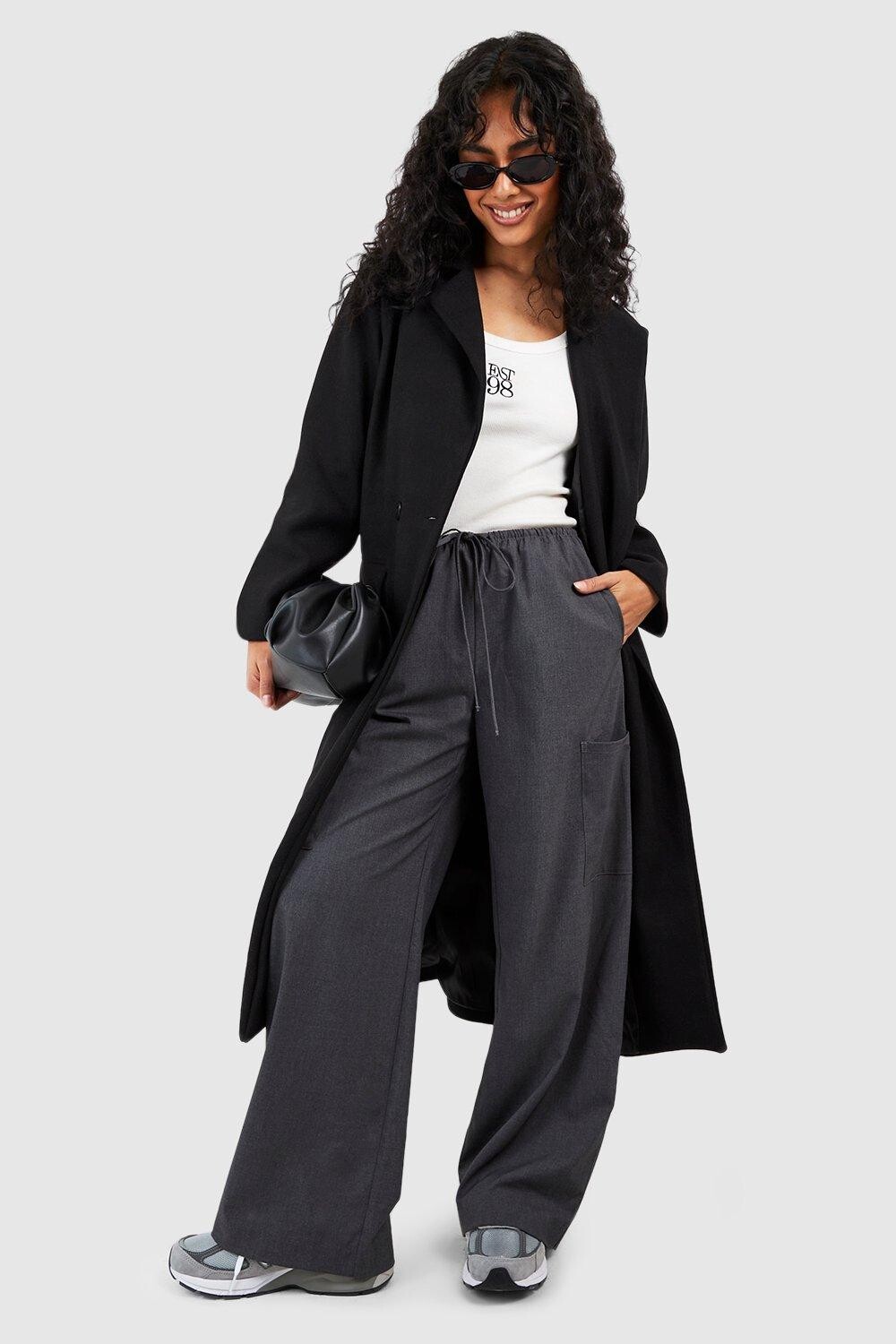 

Двубортное шерстяное пальто boohoo, черный