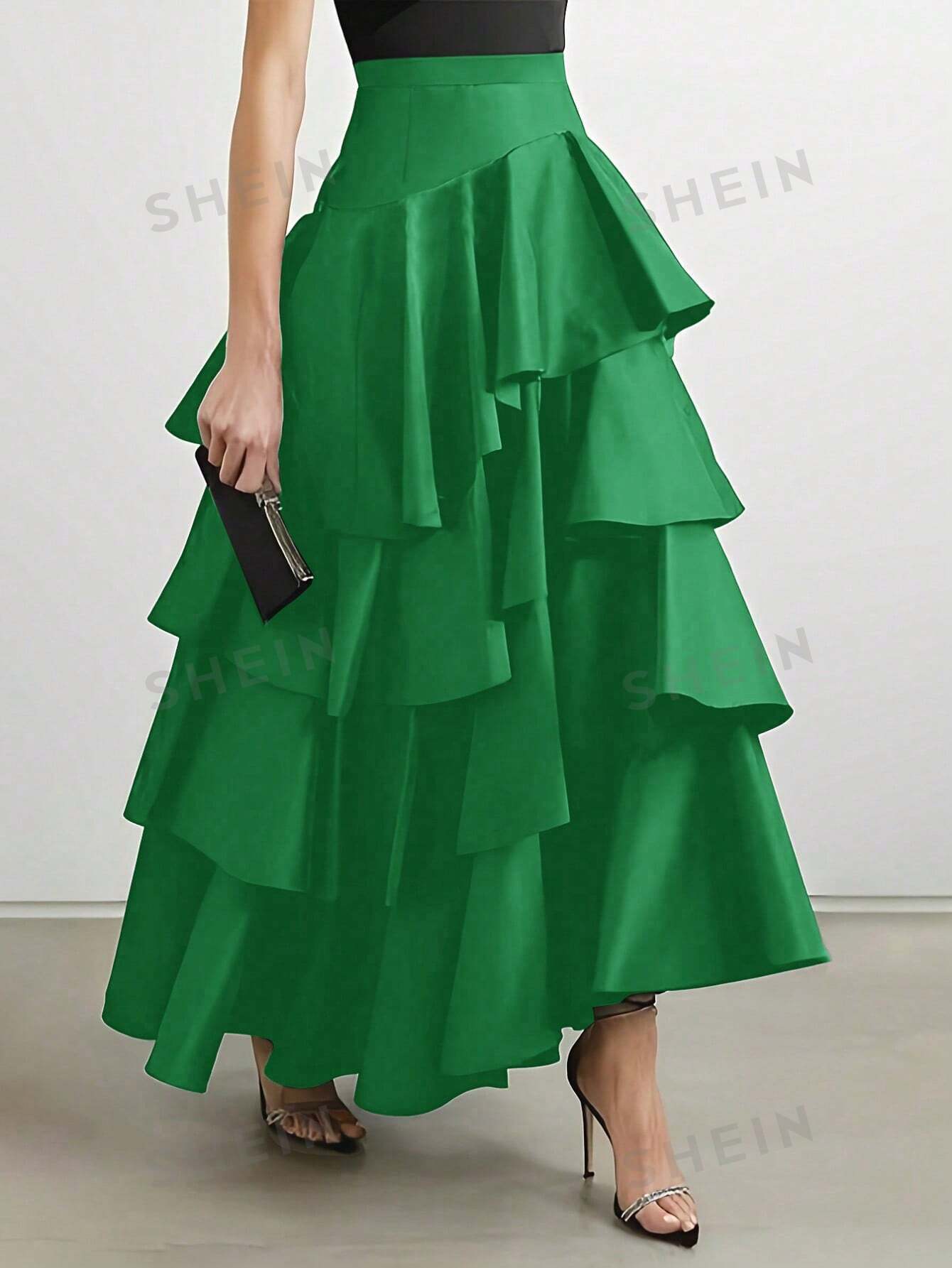 SHEIN Privé Однотонная многослойная юбка-миди с рюшами, зеленый