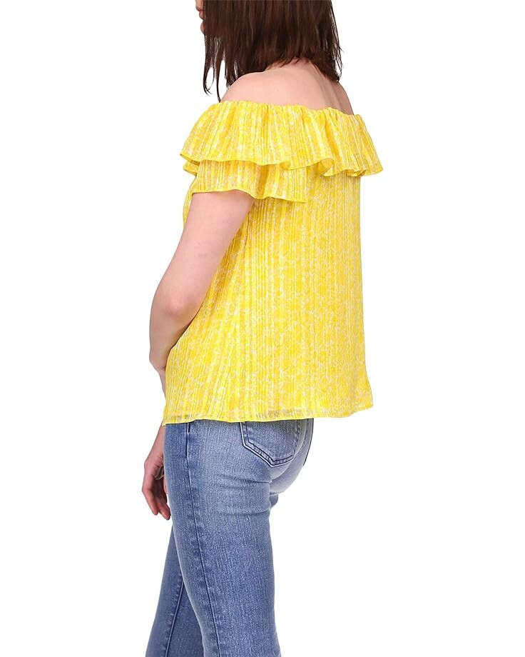 blue ruffle off shoulder top Топ Michael Kors Petite Hippie Off Shoulder Ruffle Top, цвет Sunflower