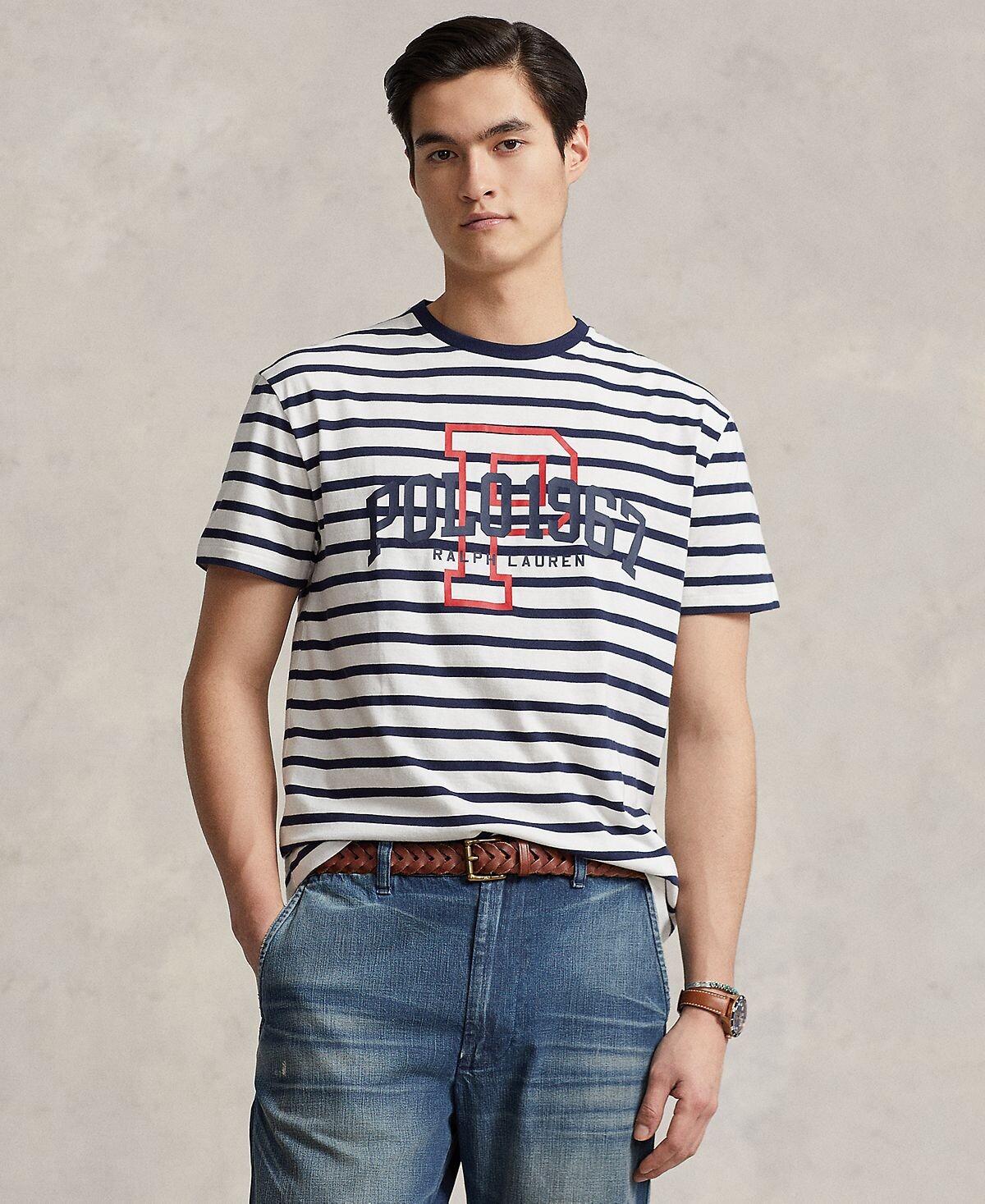 

Мужская трикотажная футболка классического кроя в полоску с логотипом Polo Ralph Lauren