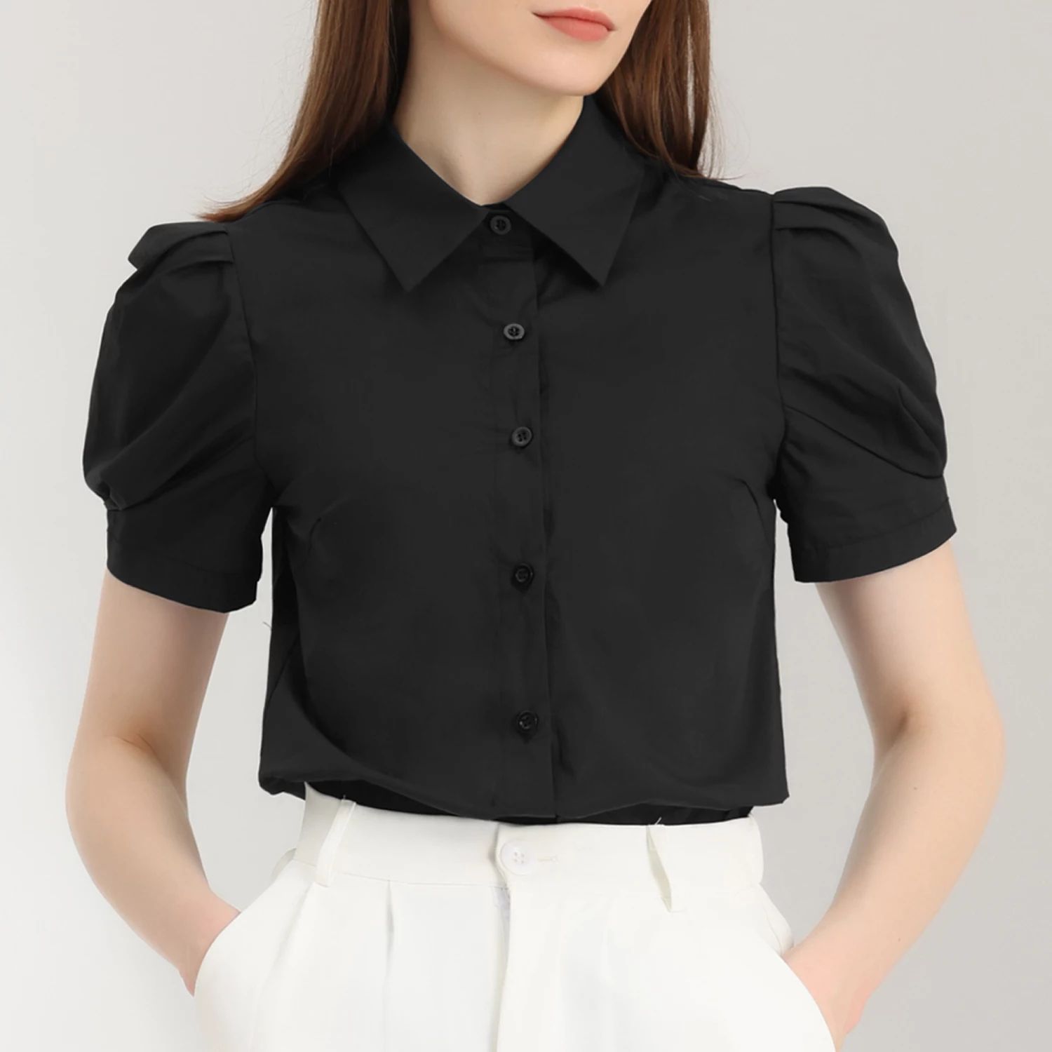 Женская офисная рубашка на пуговицах с отложным воротником и рукавами-фонариками ALLEGRA K, черный модная женская офисная повседневная однотонная рубашка с отложным воротником и завязкой на талии бандаж на пуговицах