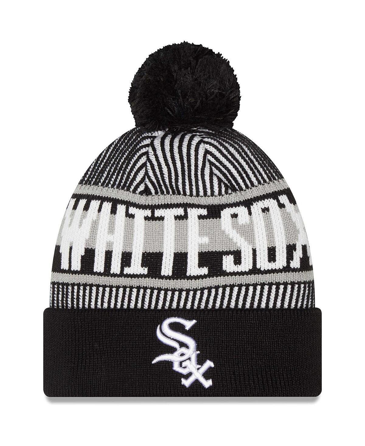 

Мужская черная вязаная шапка Chicago White Sox в полоску с манжетами и помпоном New Era
