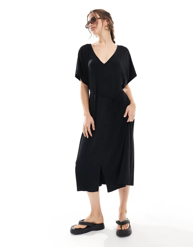 Черное повседневное платье миди с запахом ASOS платье с запахом catnoir хлопок повседневное полуприлегающее миди карманы размер 36 бежевый
