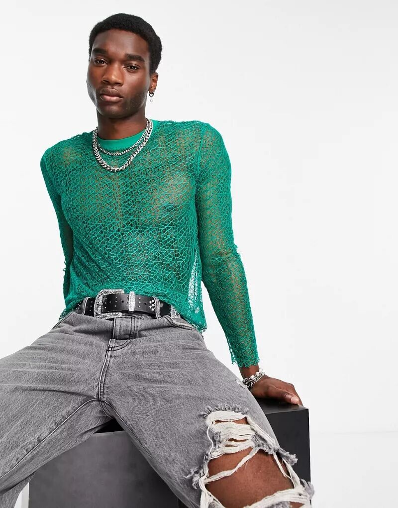 

Рубашка с длинными рукавами ASOS из зеленой кружевной ткани