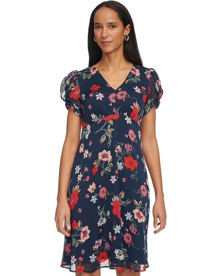 

Платье Calvin Klein Short Chiffon with Puff Sleeve, цвет Indigo Multi