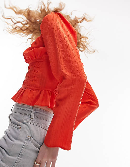 

Красный текстурированный топ с длинными рукавами Topshop