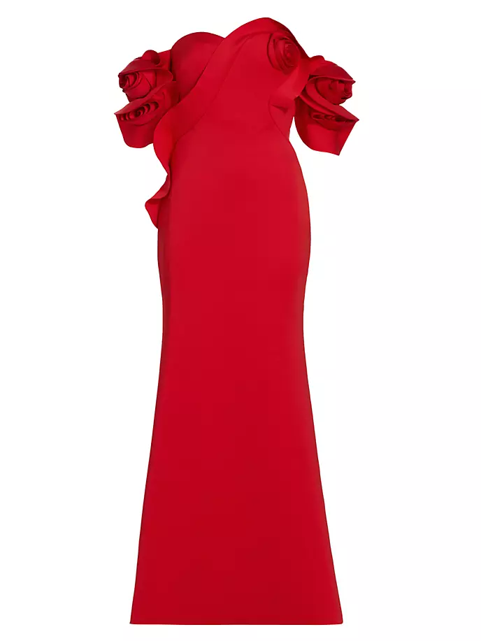 

Платье с открытыми плечами и розами Badgley Mischka, красный