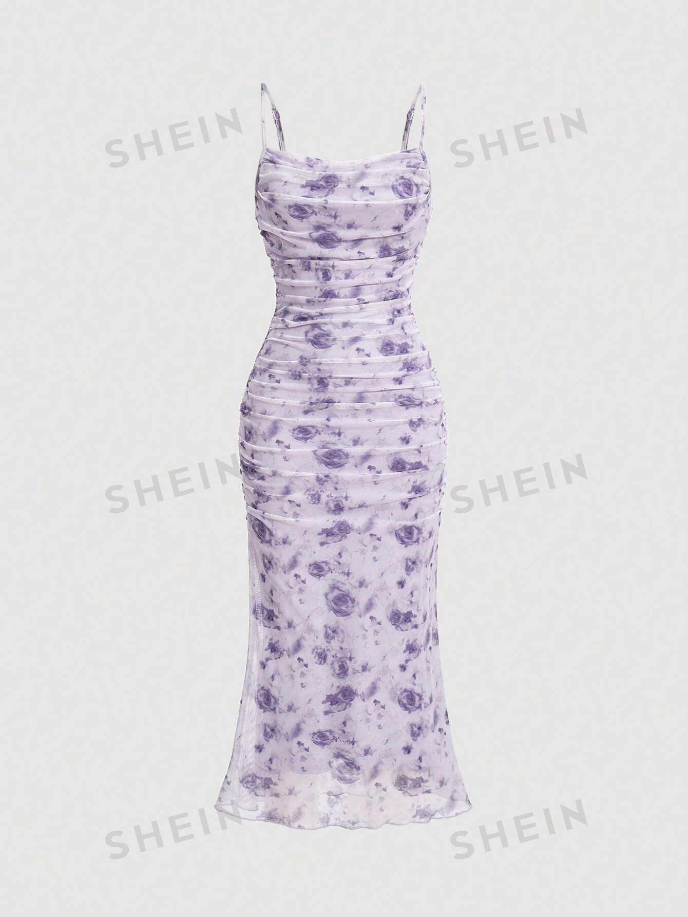 цена SHEIN MOD Плиссированное платье-комбинация с цветочным принтом и рюшами по подолу, сиреневый фиолетовый
