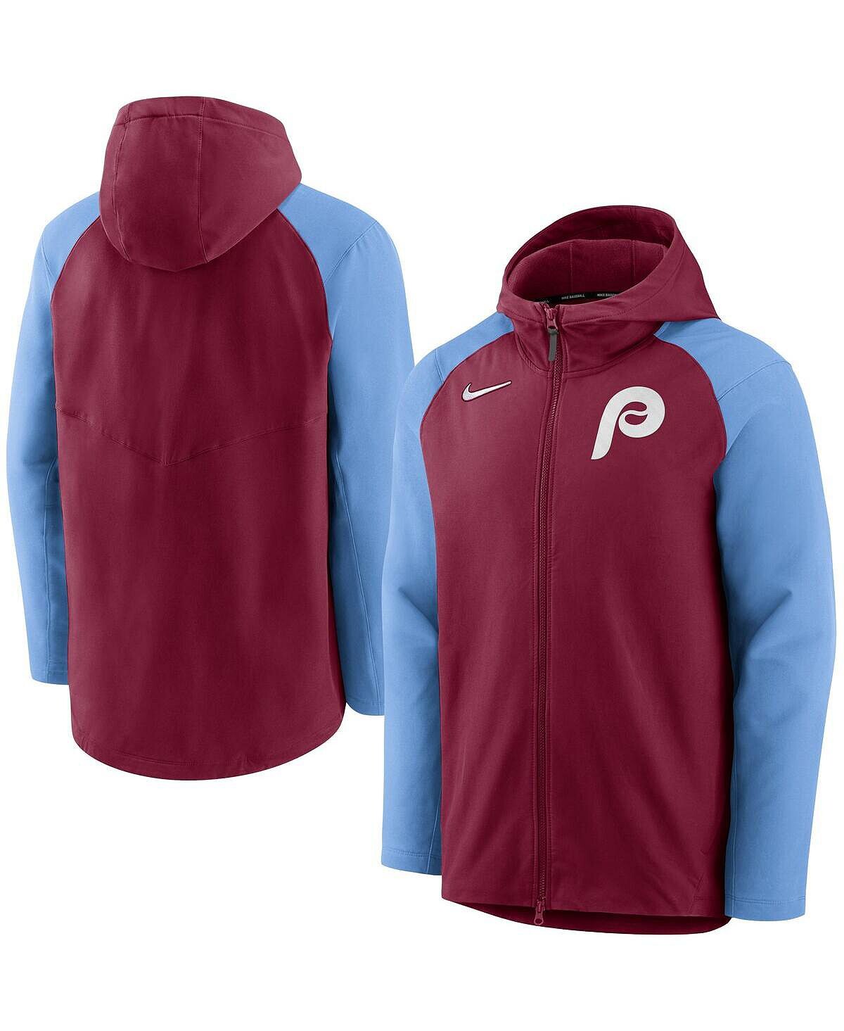 

Мужская бордовая, голубая толстовка с молнией во всю длину Philadelphia Phillies Authentic Collection Performance реглан Nike