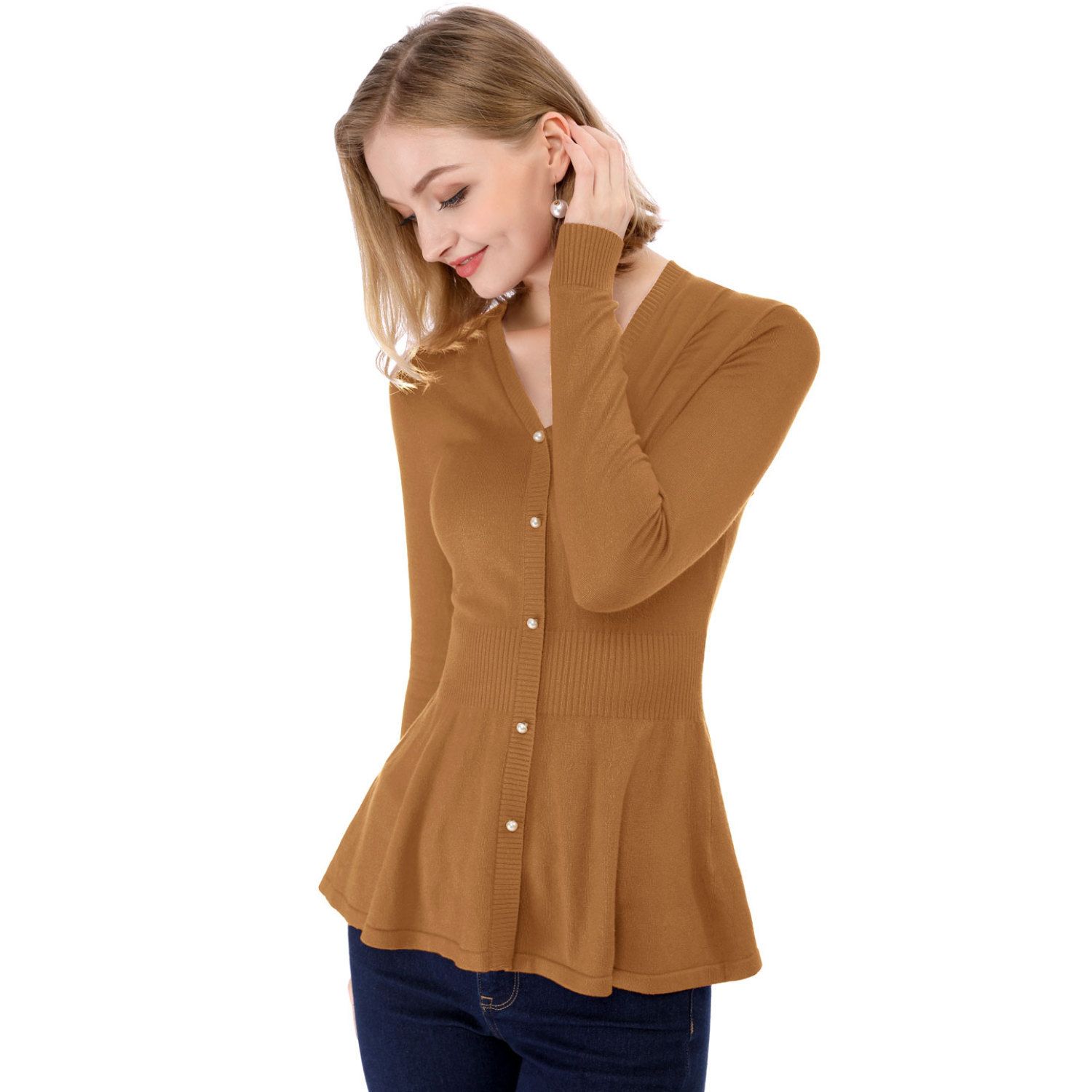 Женский пуловер в рубчик с V-образным вырезом и длинными рукавами, вязаные топы с баской ALLEGRA K