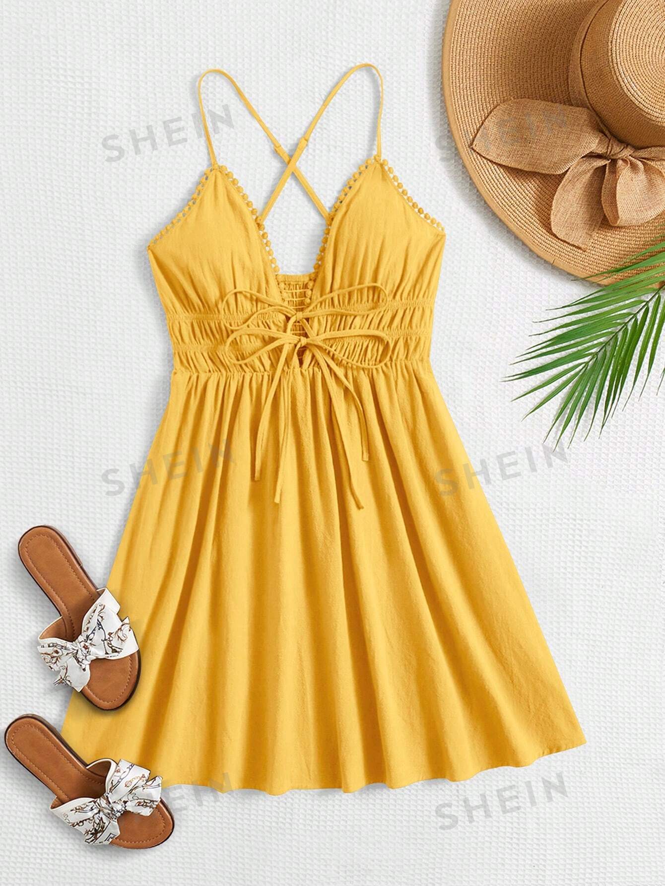 цена SHEIN WYWH Женское однотонное платье на тонких бретельках с завязками на талии, желтый