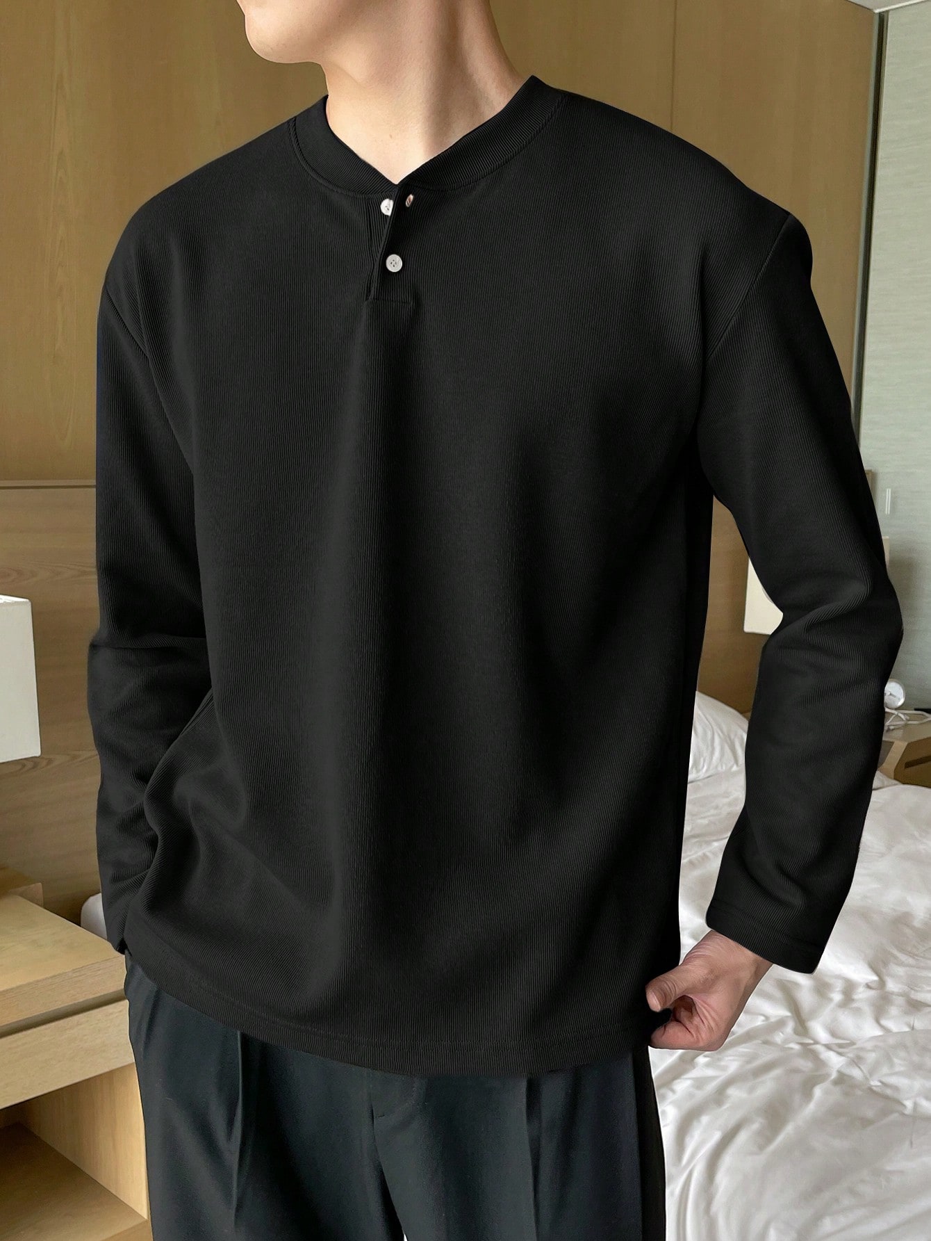 Мужская футболка DAZY с длинным рукавом и пуговицами спереди, черный