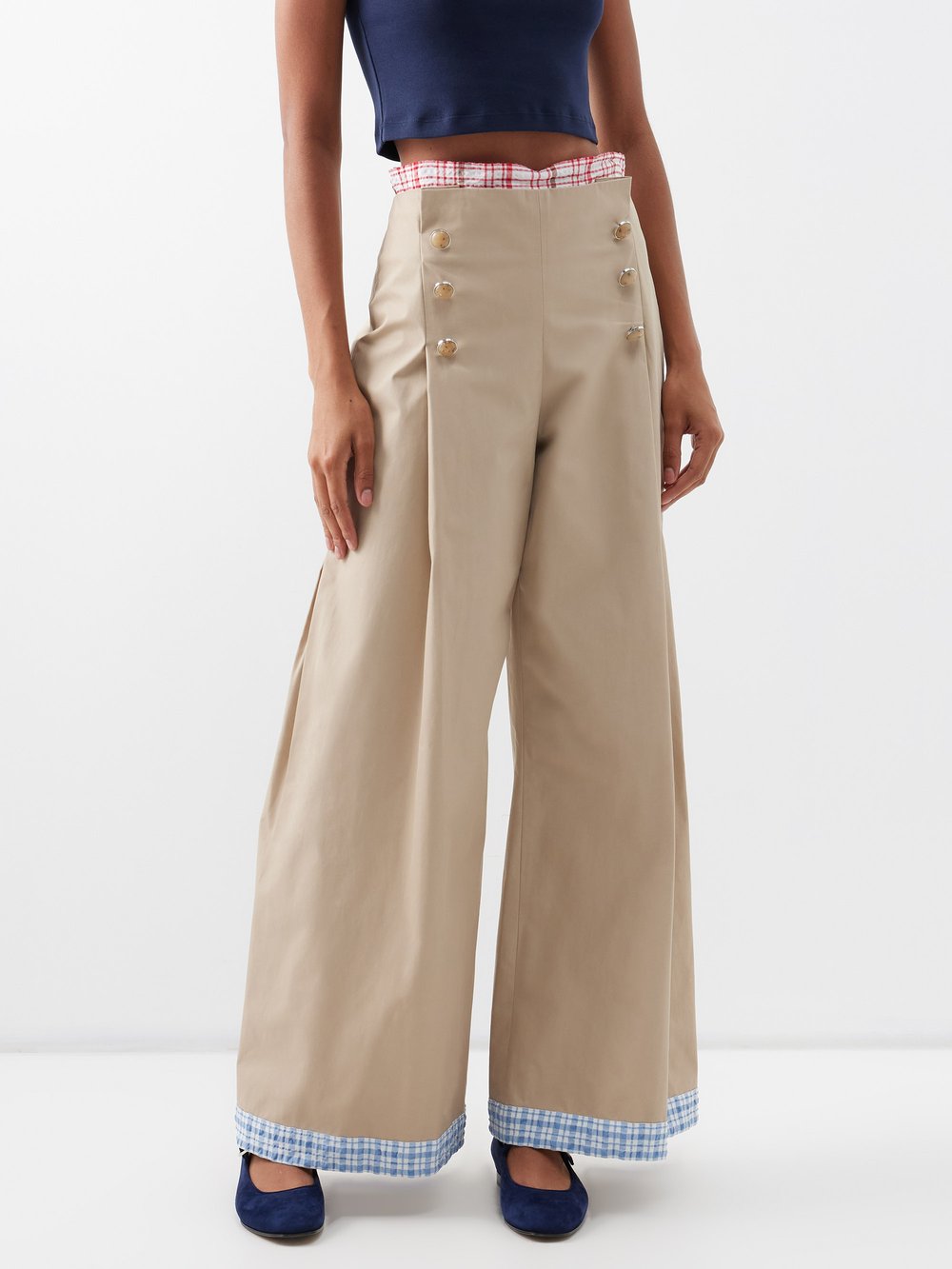 рубашка rosie assoulin размер l белый Широкие брюки sailor с отделкой в мелкую клетку из смесового хлопка Rosie Assoulin, бежевый