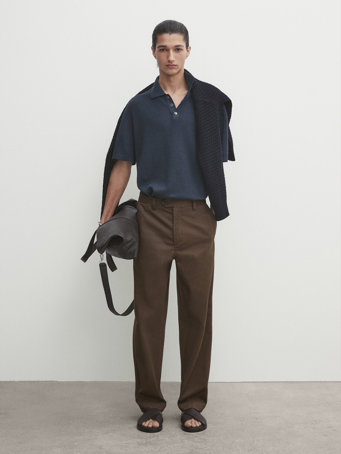 

Текстурированный свитер-поло с короткими рукавами Massimo Dutti, индиго