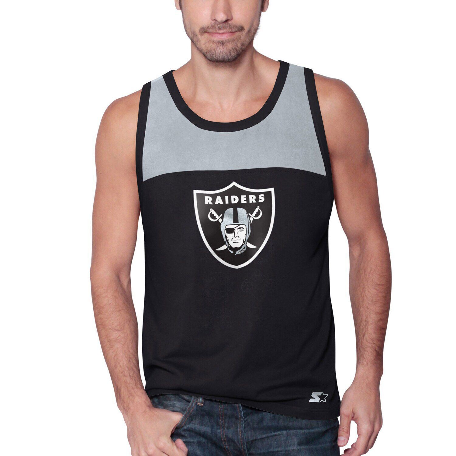 

Мужская базовая модная майка черного/серебристого цвета с логотипом Las Vegas Raiders Touchdown Starter