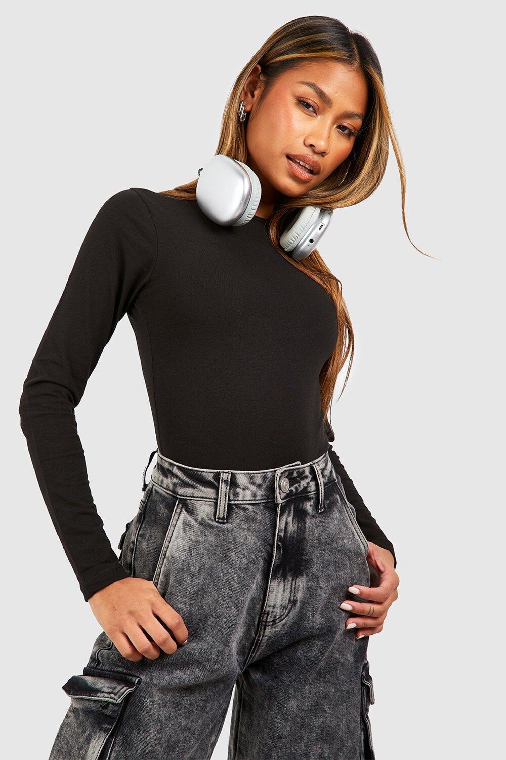 

Базовое боди из хлопка с длинными рукавами и круглым вырезом Boohoo, черный