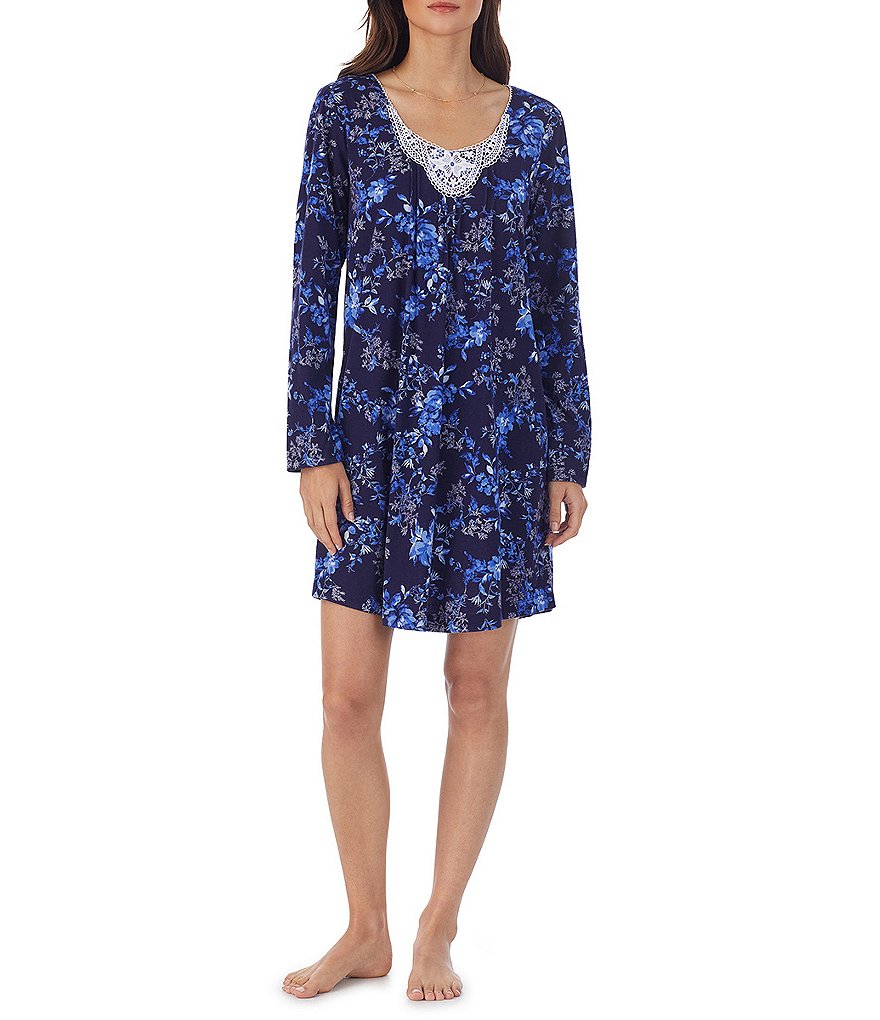 Carole Hochman Хлопковый трикотаж с длинным рукавом и v-образным вырезом, короткая ночная рубашка с цветочным принтом, синий yndfcnb carole