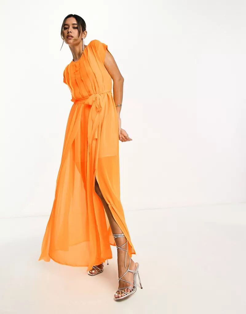 Неоново-оранжевое плиссированное платье макси с необработанными краями ASOS