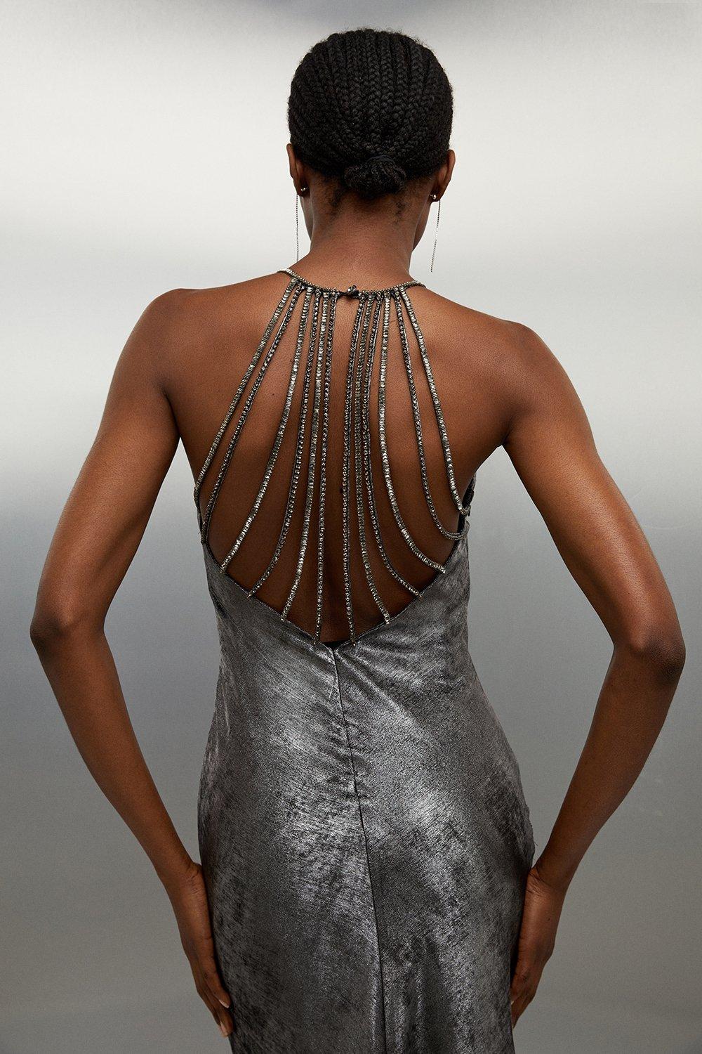 Тканое платье макси с бретелькой и бретельками премиум-класса со стразами цвета металлик Karen Millen, серый
