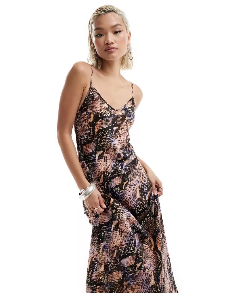 Атласное платье миди AllSaints Bryony Tahoe со змеиным принтом