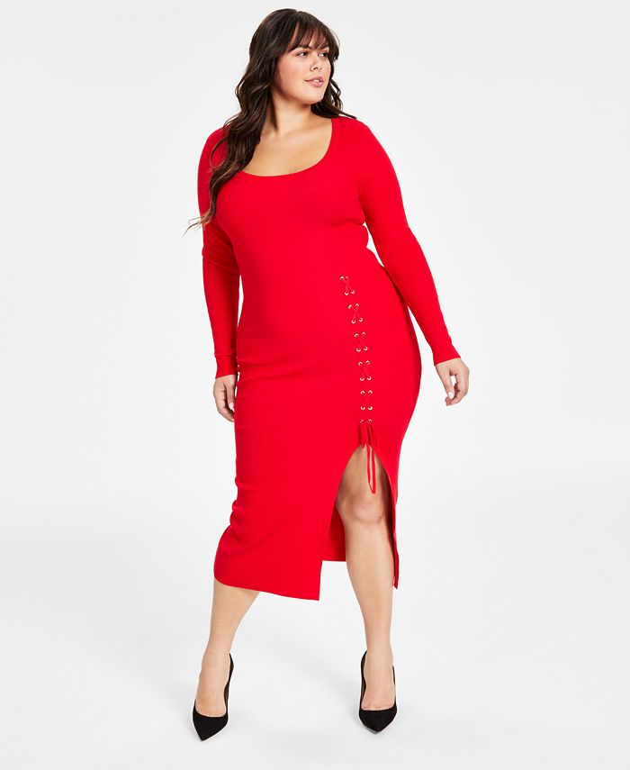 Платье-свитер больших размеров в рубчик на шнуровке Bar III, красный
