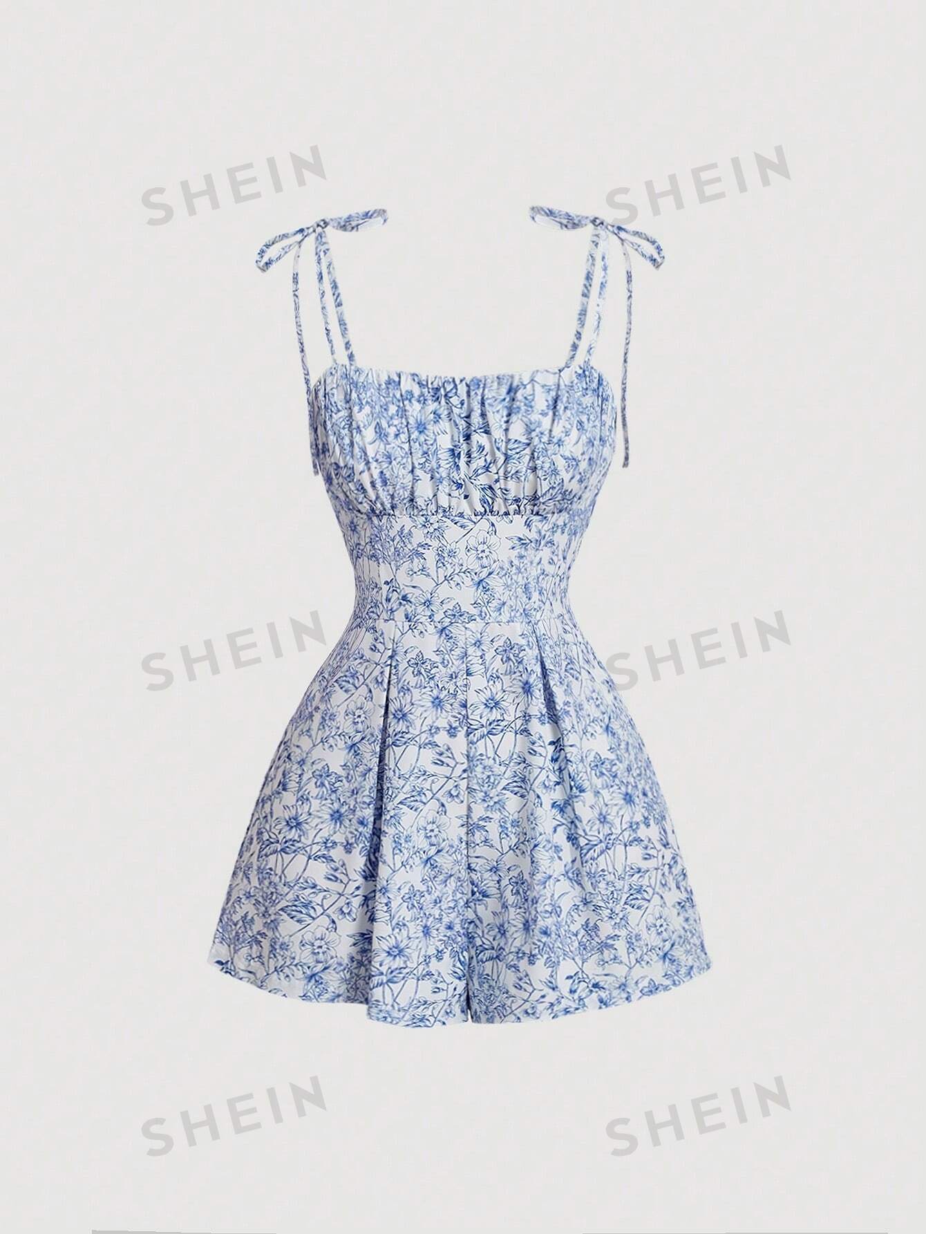 цена SHEIN MOD женские праздничные шорты-комбинезон на бретельках с цветочным принтом, синий и белый