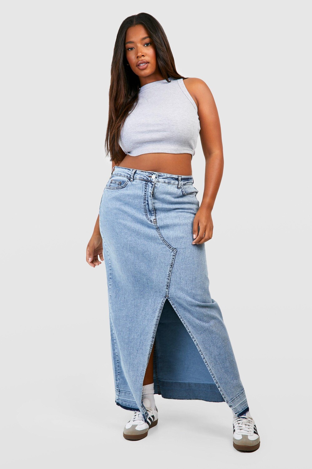 

Джинсовая юбка макси с высокой талией и разделками передней части Boohoo, синий