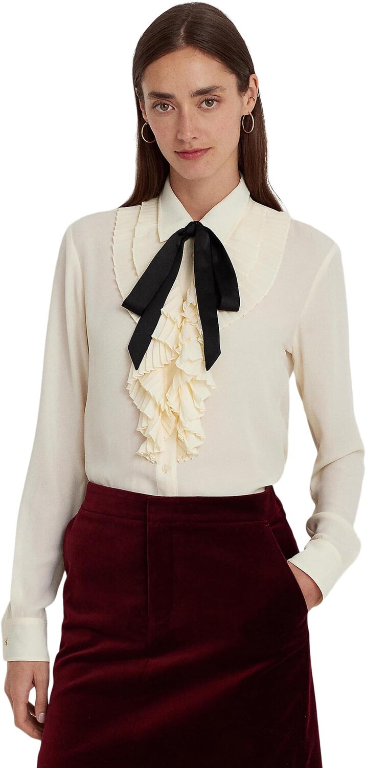 

Рубашка из жоржета с рюшами и завязками на воротнике LAUREN Ralph Lauren, цвет Mascarpone Cream/Black