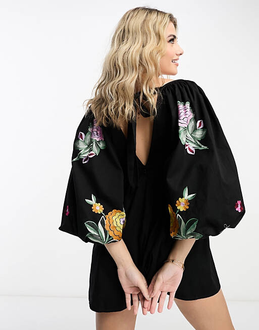 

Черный комбинезон-комбинезон с вышитыми рукавами ASOS DESIGN