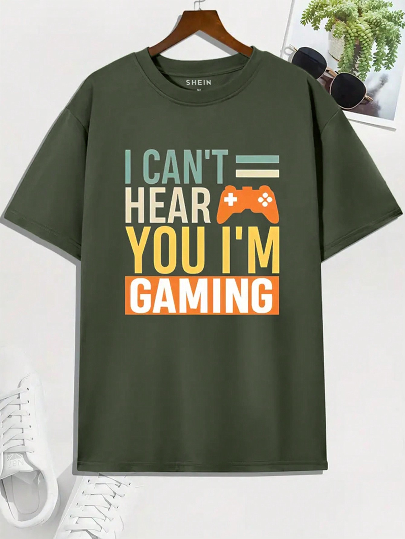 Мужская футболка с круглым вырезом и принтом игрового контроллера, армейский зеленый