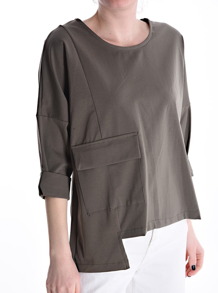 

Асимметричная блузка из хлопка с карманами, рукав 3/4, коричневый