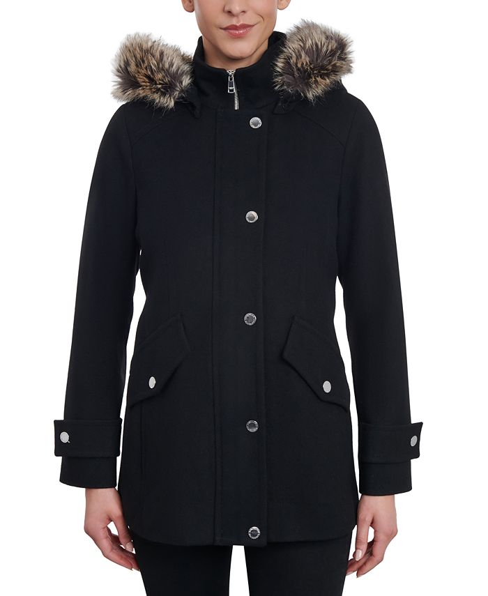 Женское полушерстяное пальто с отделкой из искусственного меха с капюшоном London Fog, черный пальто с искусственным мехом gusto бежевый