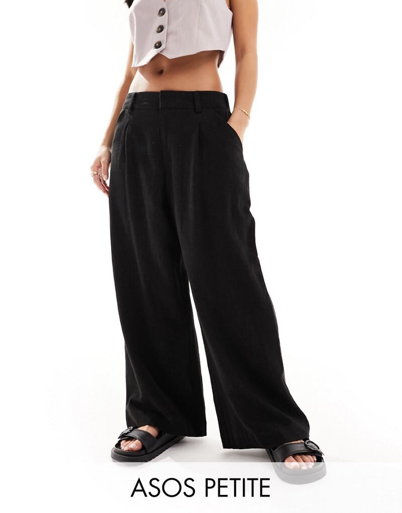 Черные льняные брюки с широкими штанинами ASOS DESIGN Petite