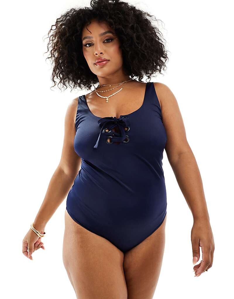 Темно-синий купальник с люверсами ASOS DESIGN Curve Sloane