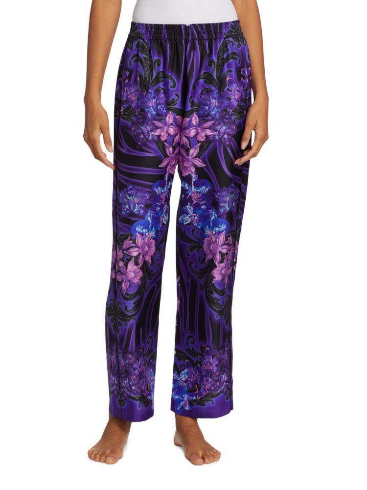 

Шелковые пижамные брюки с цветочным принтом Versace, цвет Black Orchid