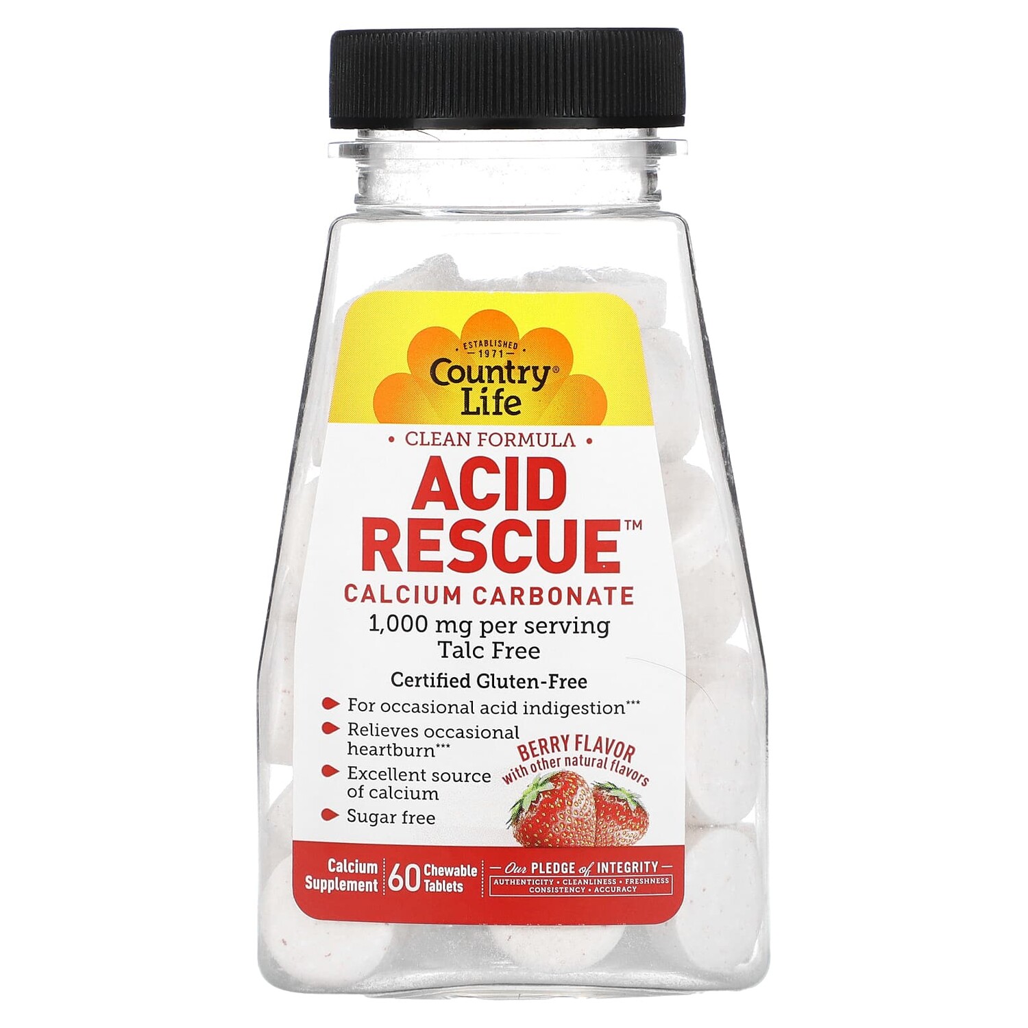 

Acid Rescue, карбонат кальция, ягодный вкус, 1000 мг, 60 жевательных таблеток, Country Life