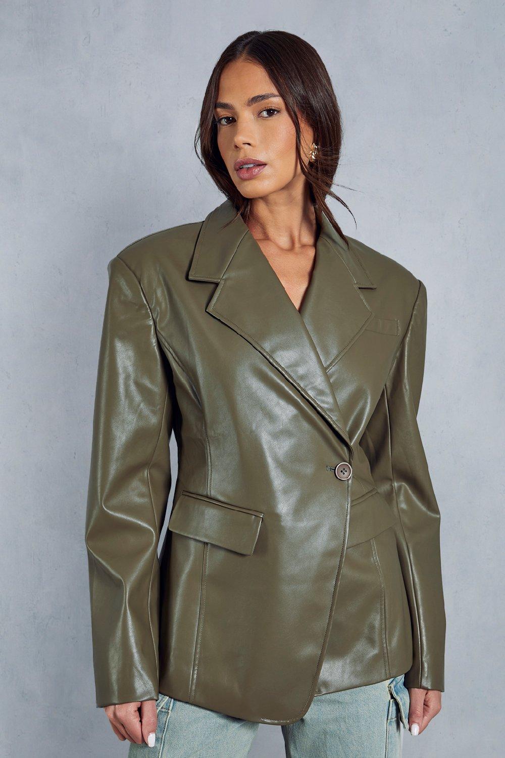 Кожаный пиджак асимметричного кроя MISSPAP, зеленый