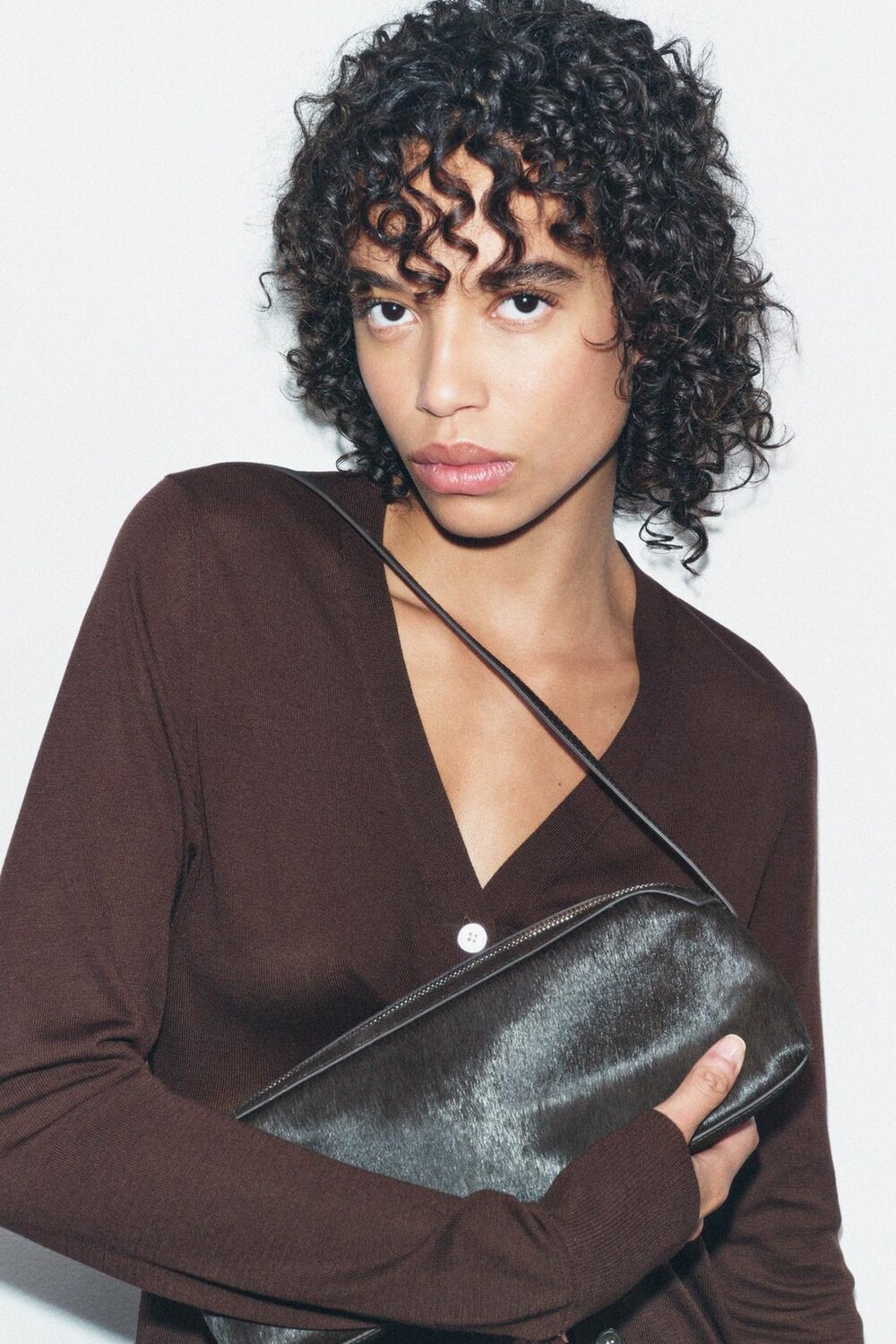 Кожаная сумка на плечо ZARA, коричневый