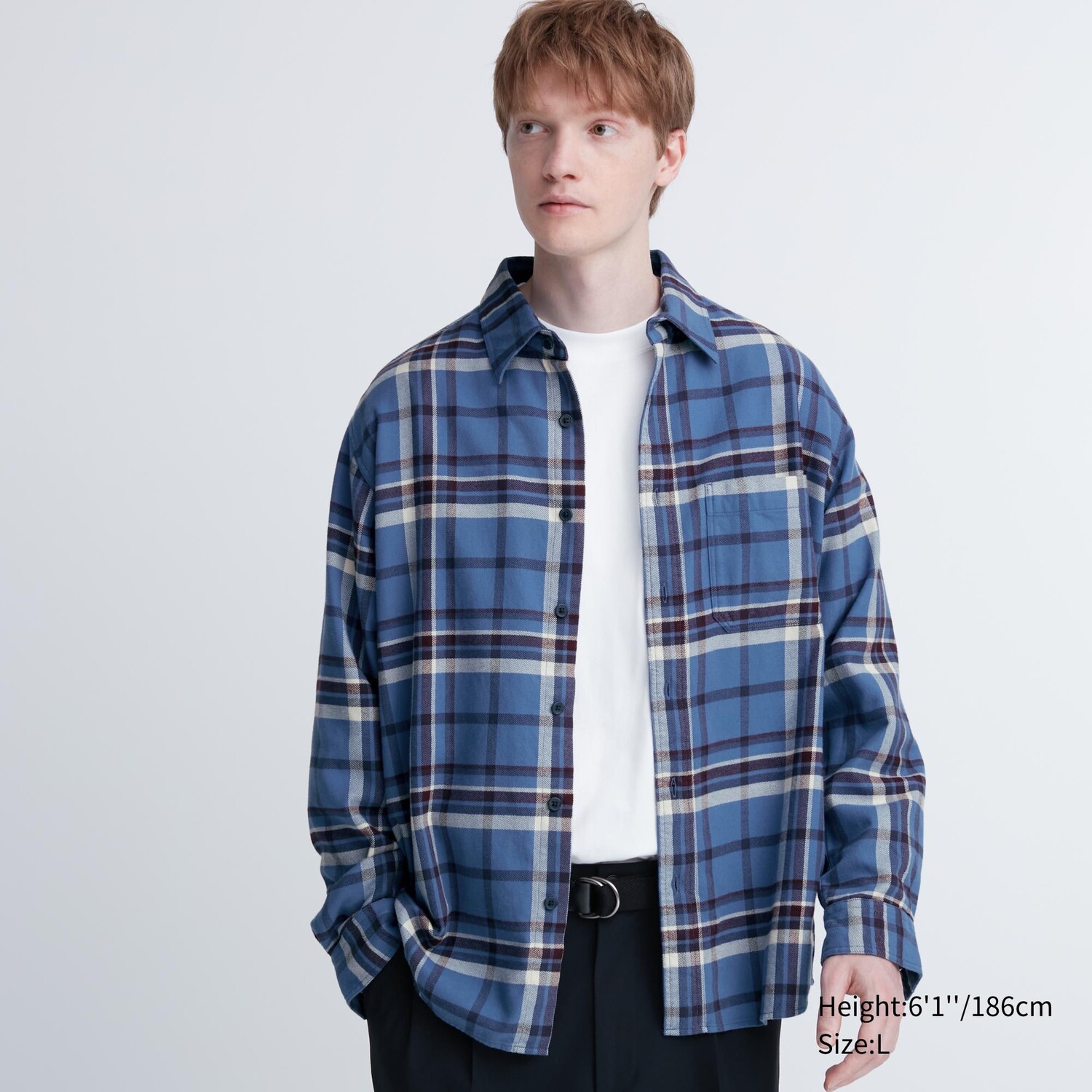 

Фланелевая рубашка стандартного кроя в клетку (стандартный воротник) Uniqlo, синий