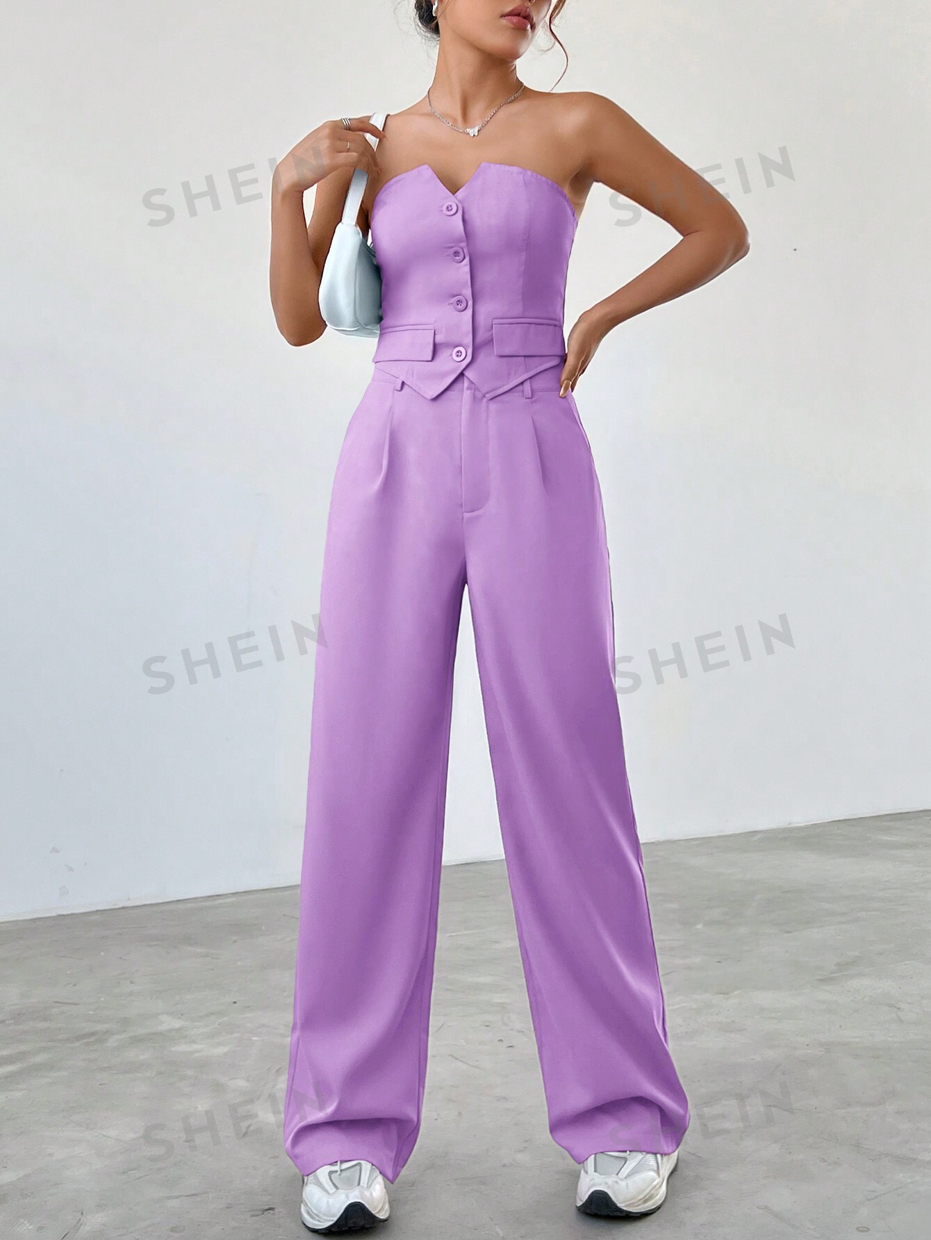цена SHEIN EZwear Женский однотонный комплект из топа и брюк без бретелек с однобортной застежкой, сиреневый фиолетовый