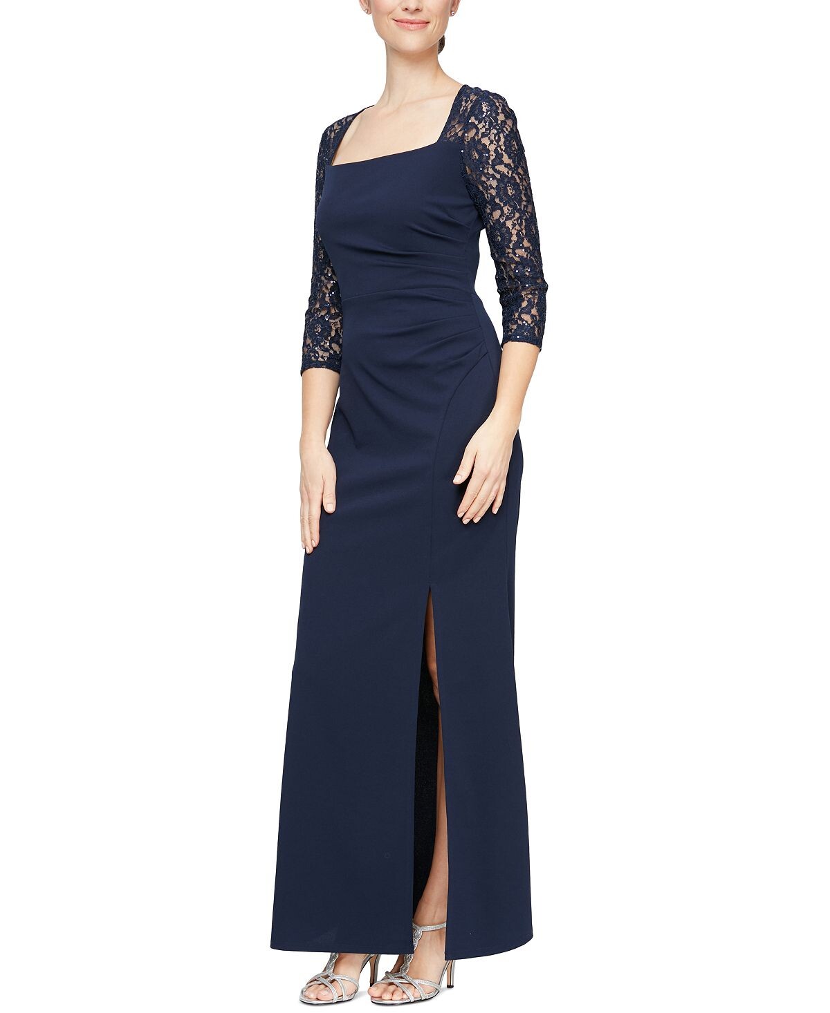 

Миниатюрное платье с квадратным вырезом и кружевными рукавами SL Fashions, темно-синий