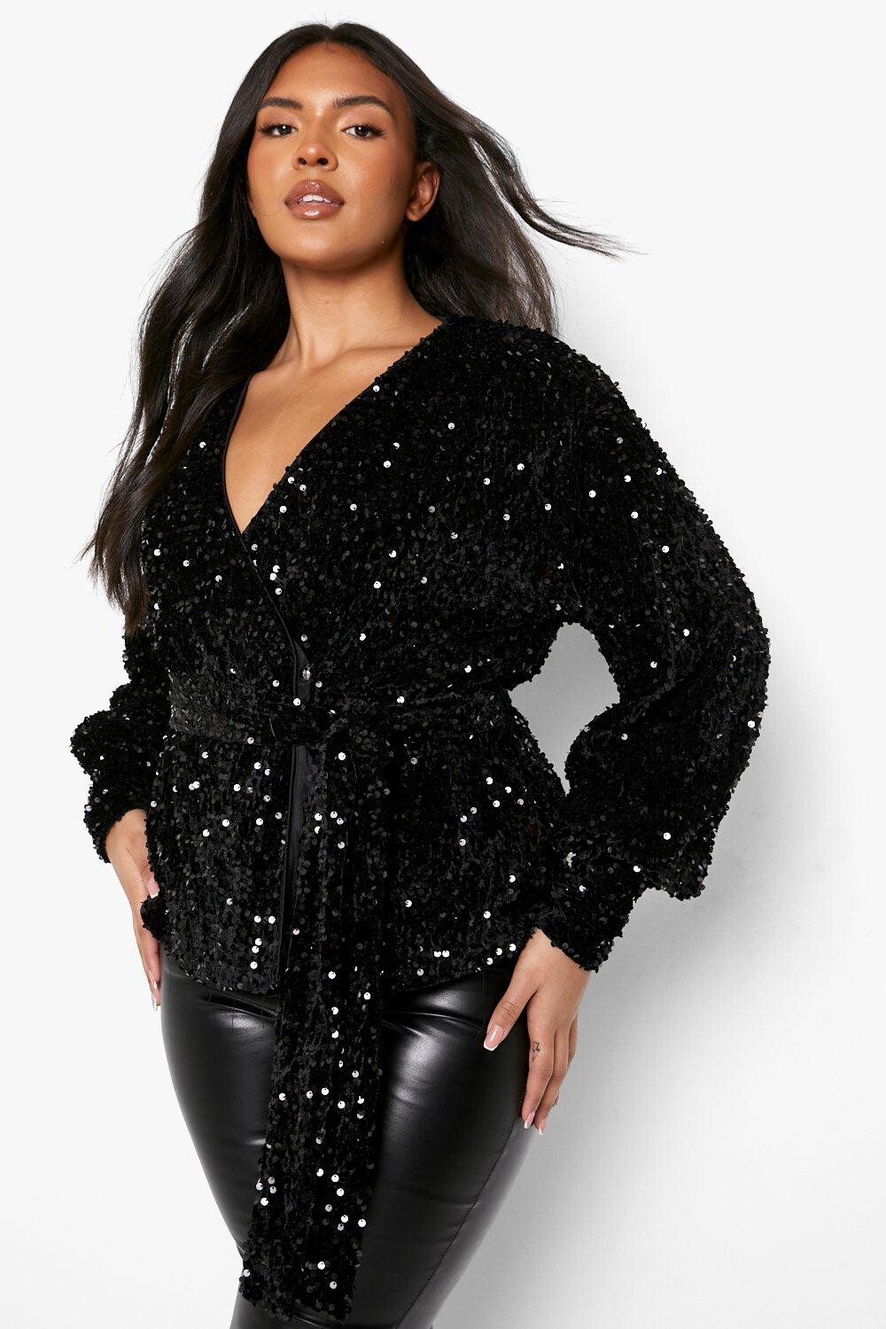 

Бархатный топ с пайетками plus Boohoo, черный